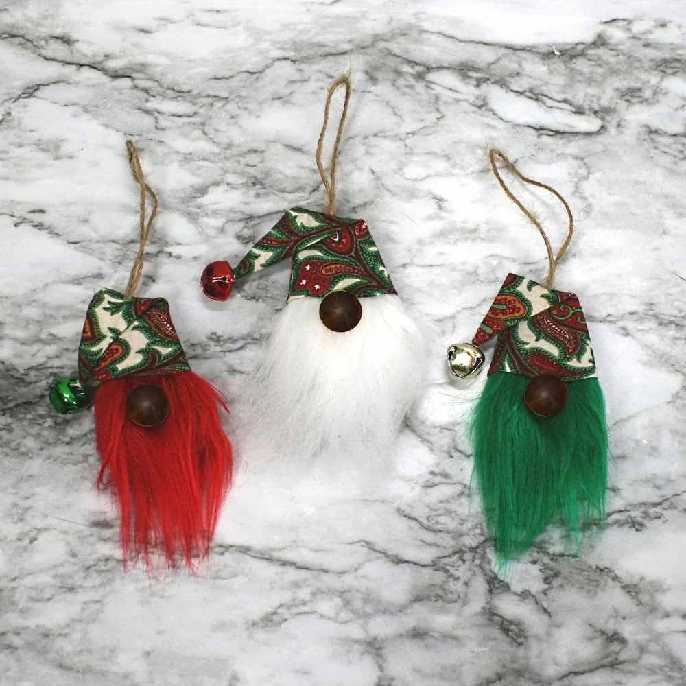 HAND CRAFTED Gnome Christmas Ornaments Set of 3 - White Paisley Print
